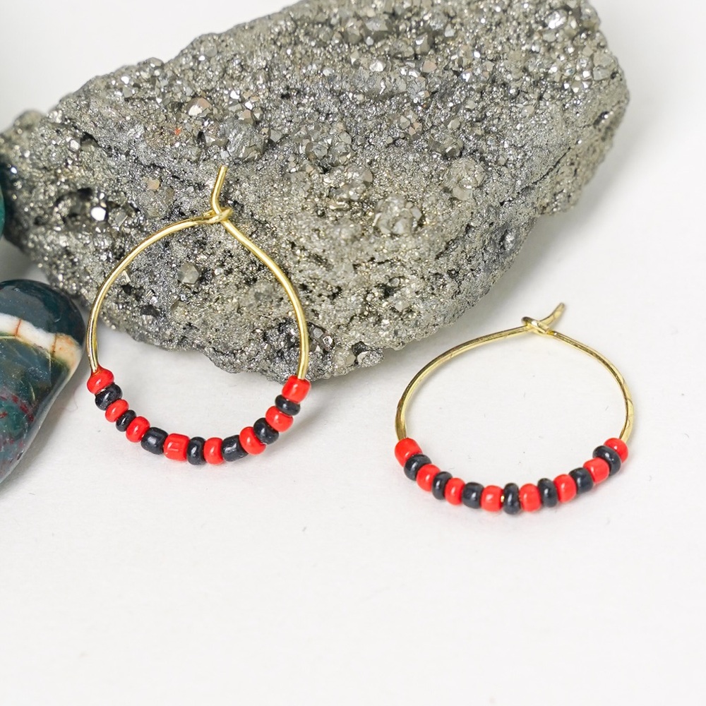 Seed Bead Hoop Earrings Handmade Black & Red Brass